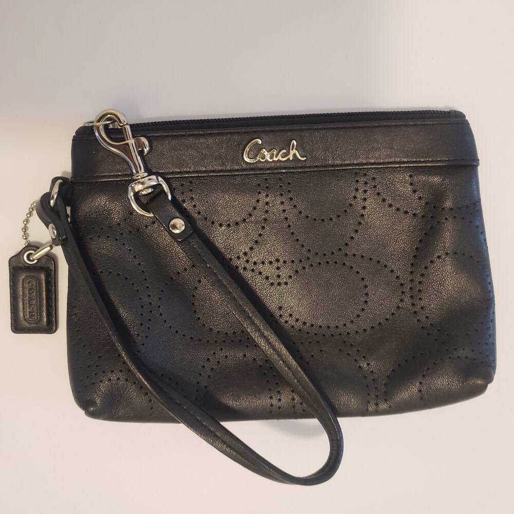 Coach Black Leather Signature Perforated Wristlet Wallet 5X7 #15W.